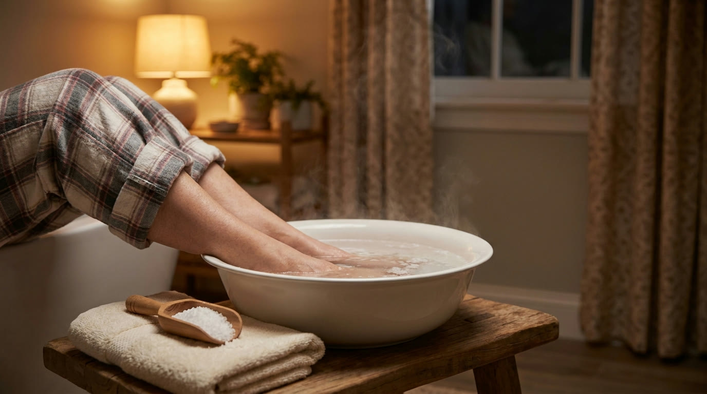 Bare feet soaking in a shallow basin of warm water with epsom salt in a softly lit bathroom